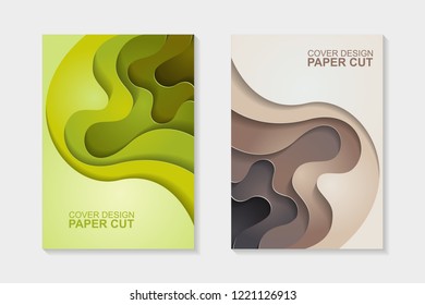 Set of cover design abstract with green and brown paper cut shapes. Cover design with abstract background. Paper cut vector illustration for banner, presentation, and invitation.