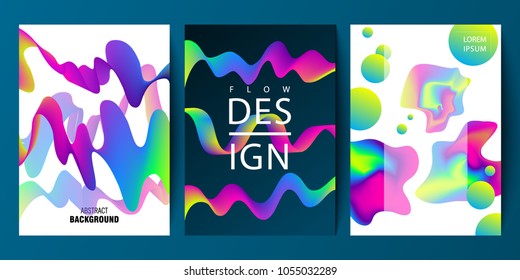 Set of cover design with abstract multicolored flow shapes. Universal vector background for poster, banners, flyers, card template with modern futuristic halftone gradient.