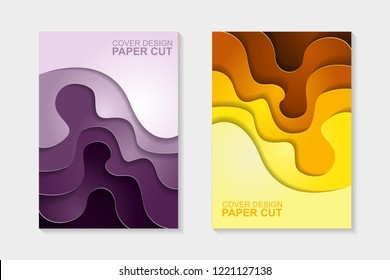 Set of cover design abstract with purple and yellow paper cut shapes. Cover design with abstract background. Paper cut vector illustration for banner, presentation, and invitation.