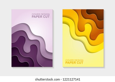 Set of cover design abstract with purple and yellow paper cut shapes. Cover design with abstract background. Paper cut vector illustration for banner, presentation, and invitation.