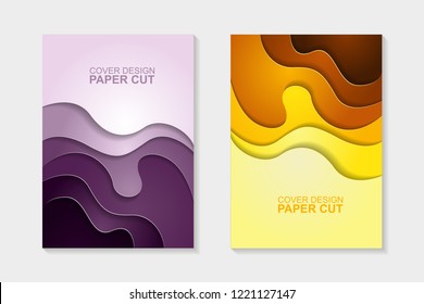 Set of cover design abstract with purple and yellow paper cut shapes. Cover design with abstract background. Paper cut vector illustration for banner, presentation, and invitation.