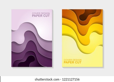 Set of cover design abstract with purple and yellow paper cut shapes. Cover design with abstract background. Paper cut vector illustration for banner, presentation, and invitation.