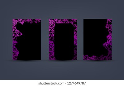 Set of cover design with abstract purple floral corals flow shapes frame. Vector illustration template. Universal black abstract design for covers, flyers, banners, greeting card, booklet and brochure
