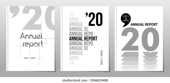 Set of cover design brochure, annual report 2020 templates, minimalist style black and white graphic elements, vector illustration