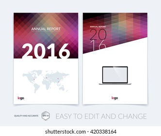 Set of Cover design, flyer, leaflet, with red purple modern abstract geometric background with triangles for business, technology and science  layout . Brochure template with digital pixel mosaic.