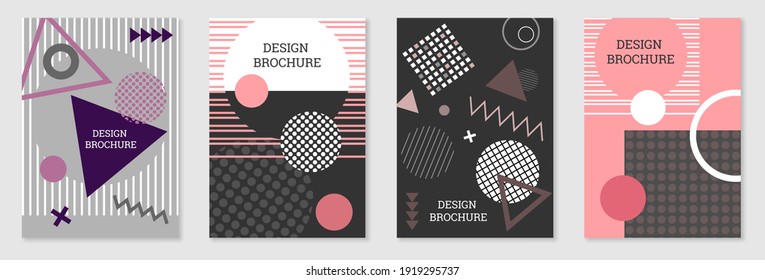Set of cover design in Memphis style. Geometric design, abstract background. Fashionable bright cover, banner, poster, booklet. Creative colors. Vector