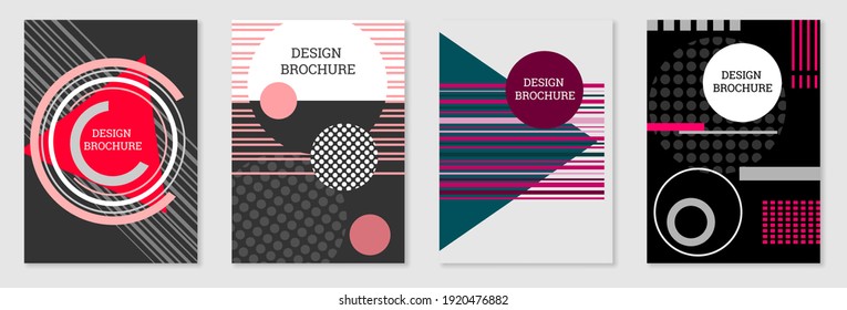 Set of cover design in Memphis style. Geometric design, abstract background. Fashionable bright cover, banner, poster, booklet. Creative colors. Vector