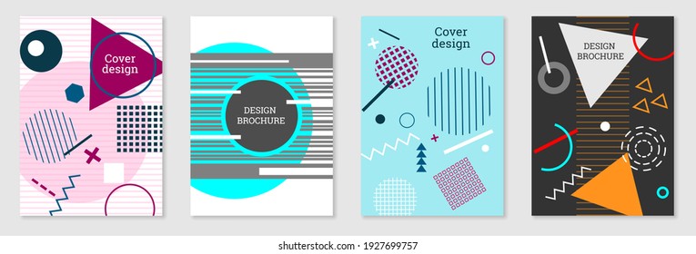 Set of cover design in Memphis style. Geometric design, abstract background. Fashionable bright cover, banner, poster, booklet. Creative colors. Vector