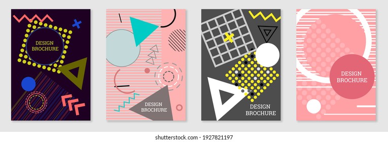 Set of cover design in Memphis style. Geometric design, abstract background. Fashionable bright cover, banner, poster, booklet. Creative colors. Vector