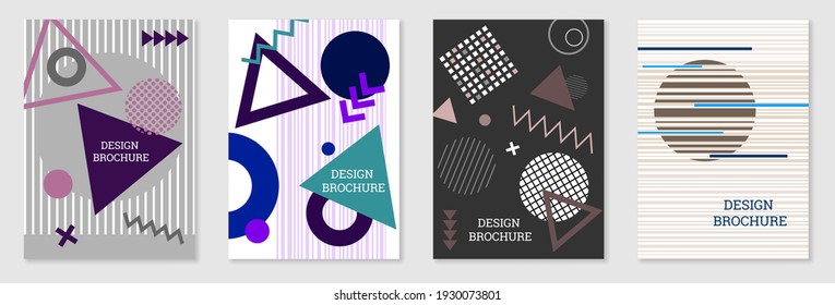 Set of cover design in Memphis style. Geometric design, abstract background. Fashionable bright cover, banner, poster, booklet. Creative colors. Vector