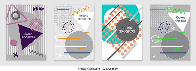 Set of cover design in Memphis style. Geometric design, abstract background. Fashionable bright cover, banner, poster, booklet. Creative colors. Vector