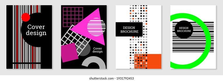 Cover-Design im Memphis-Stil. Geometrisches Design, abstrakter Hintergrund. Modisch helles Cover, Banner, Poster, Broschüre. Kreative Farben. Vektorgrafik