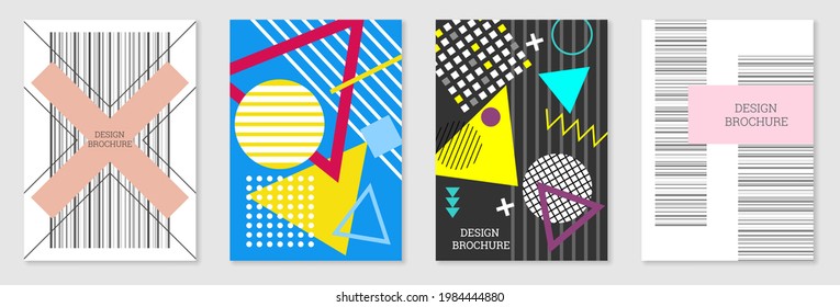 Cover-Design im Memphis-Stil. Geometrisches Design, abstrakter Hintergrund. Modisch helles Cover, Banner, Poster, Broschüre. Kreative Farben.