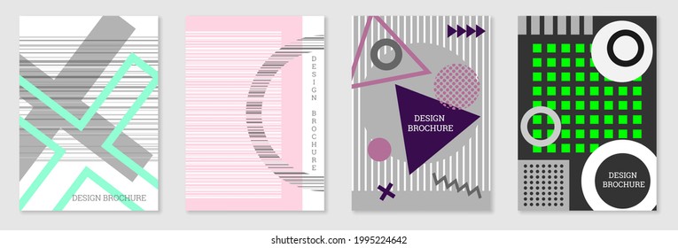 Diseño de portada al estilo Memphis. Diseño geométrico, fondo abstracto. Portada moderna y brillante, pancarta, afiche, folleto. Colores creativos.