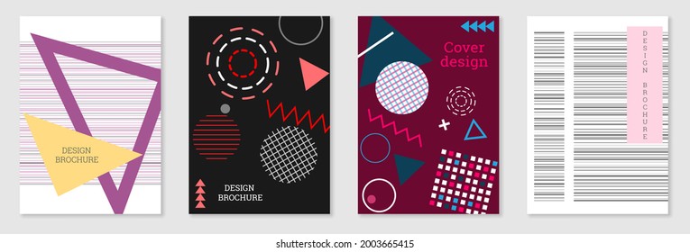 Set of cover design in Memphis style. Geometric design, abstract background. Fashionable bright cover, banner, poster, booklet. Creative colors.