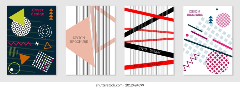 Set of cover design in Memphis style. Geometric design, abstract background. Fashionable bright cover, banner, poster, booklet. Creative colors.
