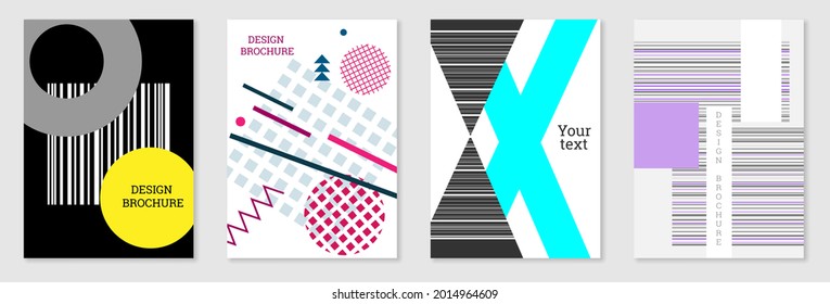Cover-Design im Memphis-Stil. Geometrisches Design, abstrakter Hintergrund. Modisch helles Cover, Banner, Poster, Broschüre. Kreative Farben.