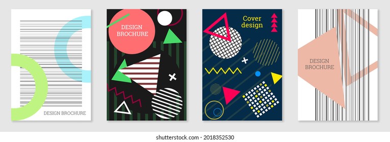 Cover-Design im Memphis-Stil. Geometrisches Design, abstrakter Hintergrund. Modisch helles Cover, Banner, Poster, Broschüre. Kreative Farben.