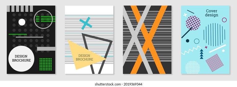 Set of cover design in Memphis style. Geometric design, abstract background. Fashionable bright cover, banner, poster, booklet. Creative colors.