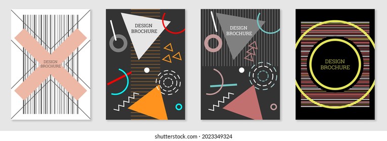Diseño de portada al estilo Memphis. Diseño geométrico, fondo abstracto. Portada moderna y brillante, pancarta, afiche, folleto. Colores creativos.