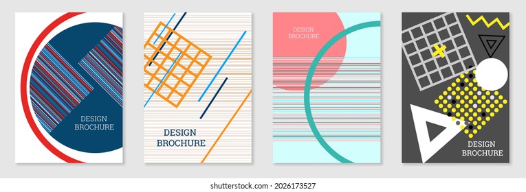 Set of cover design in Memphis style. Geometric design, abstract background. Fashionable bright cover, banner, poster, booklet. Creative colors.