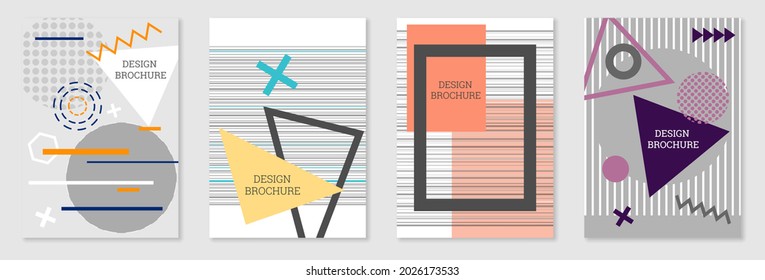 Set of cover design in Memphis style. Geometric design, abstract background. Fashionable bright cover, banner, poster, booklet. Creative colors.