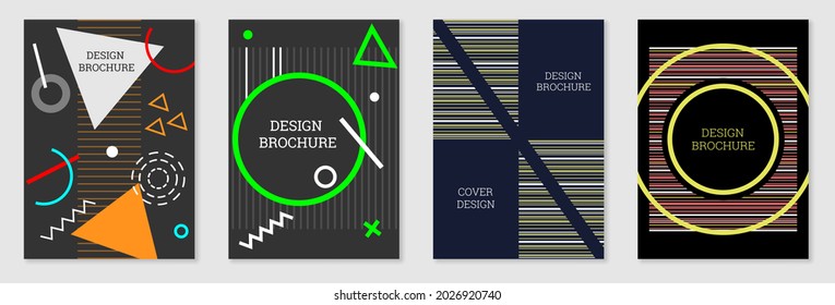 Cover-Design im Memphis-Stil. Geometrisches Design, abstrakter Hintergrund. Modisch helles Cover, Banner, Poster, Broschüre. Kreative Farben.