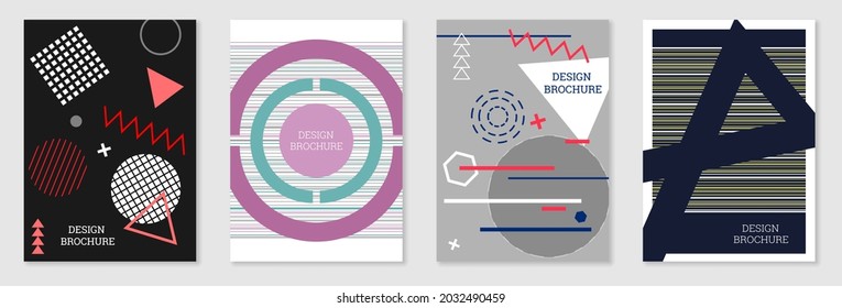 Set of cover design in Memphis style. Geometric design, abstract background. Fashionable bright cover, banner, poster, booklet. Creative colors.