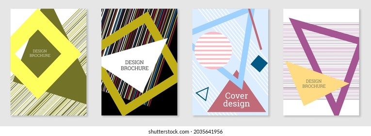 Cover-Design im Memphis-Stil. Geometrisches Design, abstrakter Hintergrund. Modisch helles Cover, Banner, Poster, Broschüre. Kreative Farben.