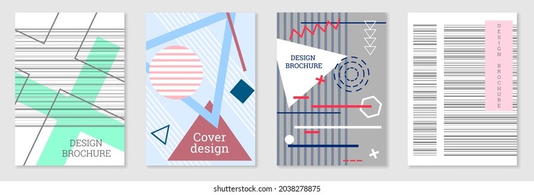 Set of cover design in Memphis style. Geometric design, abstract background. Fashionable bright cover, banner, poster, booklet. Creative colors.