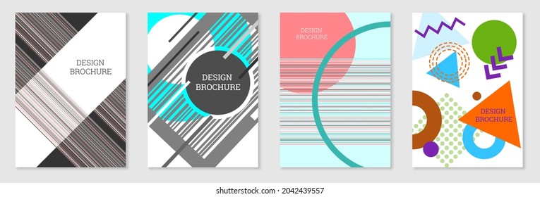 Cover-Design im Memphis-Stil. Geometrisches Design, abstrakter Hintergrund. Modisch helles Cover, Banner, Poster, Broschüre. Kreative Farben.