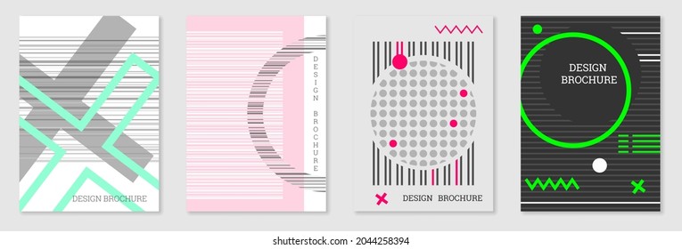 Set of cover design in Memphis style. Geometric design, abstract background. Fashionable bright cover, banner, poster, booklet. Creative colors.