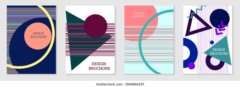 Set of cover design in Memphis style. Geometric design, abstract background. Fashionable bright cover, banner, poster, booklet. Creative colors.