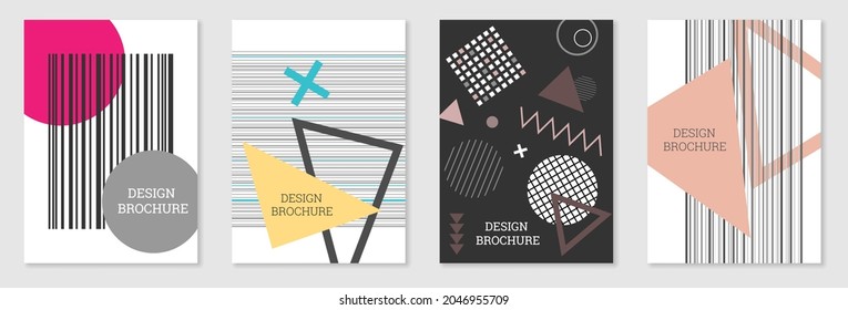 Set of cover design in Memphis style. Geometric design, abstract background. Fashionable bright cover, banner, poster, booklet. Creative colors.