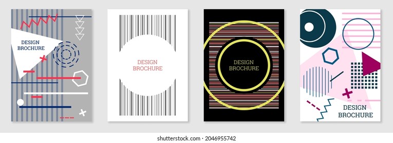 Set of cover design in Memphis style. Geometric design, abstract background. Fashionable bright cover, banner, poster, booklet. Creative colors.