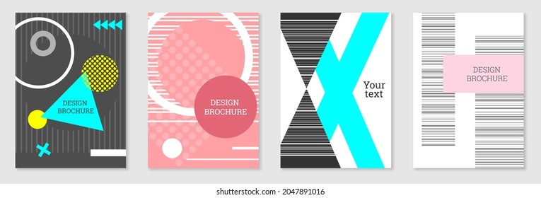 Diseño de portada al estilo Memphis. Diseño geométrico, fondo abstracto. Portada moderna y brillante, pancarta, afiche, folleto. Colores creativos.