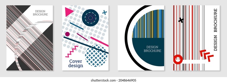 Set of cover design in Memphis style. Geometric design, abstract background. Fashionable bright cover, banner, poster, booklet. Creative colors.