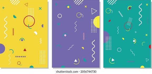 Set of cover design in Memphis style. Geometric design, abstract background. Fashionable bright cover, banner, poster, booklet. Creative colors. Vector