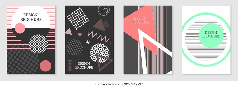 Cover-Design im Memphis-Stil. Geometrisches Design, abstrakter Hintergrund. Modisch helles Cover, Banner, Poster, Broschüre. Kreative Farben.