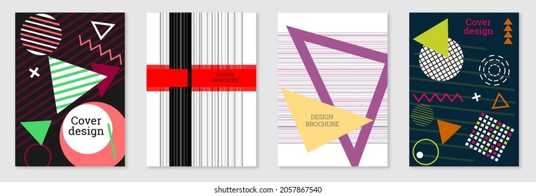Set of cover design in Memphis style. Geometric design, abstract background. Fashionable bright cover, banner, poster, booklet. Creative colors.