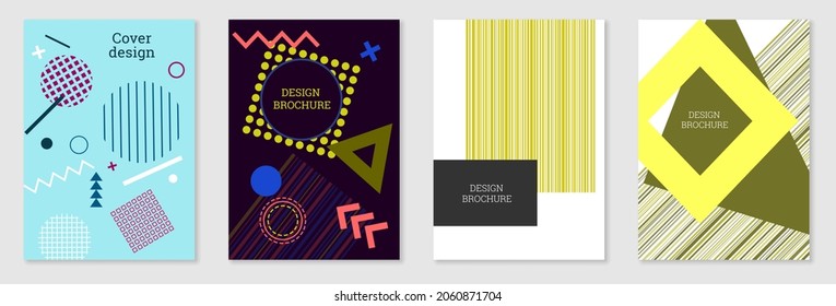 Set of cover design in Memphis style. Geometric design, abstract background. Fashionable bright cover, banner, poster, booklet. Creative colors.
