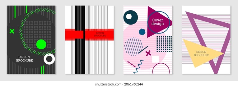 Set of cover design in Memphis style. Geometric design, abstract background. Fashionable bright cover, banner, poster, booklet. Creative colors.