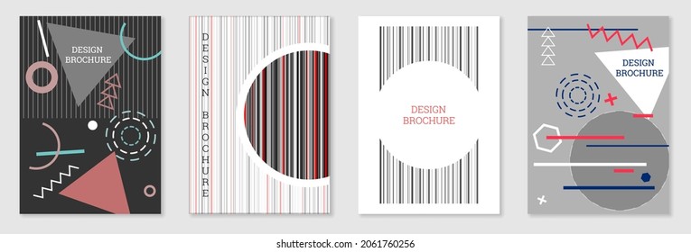 Set of cover design in Memphis style. Geometric design, abstract background. Fashionable bright cover, banner, poster, booklet. Creative colors.