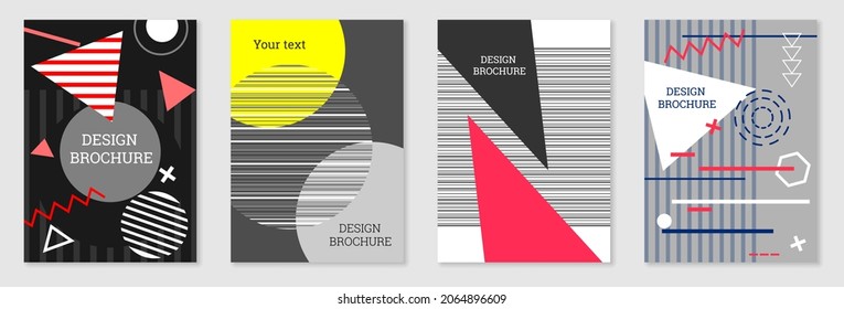 Set of cover design in Memphis style. Geometric design, abstract background. Fashionable bright cover, banner, poster, booklet. Creative colors.