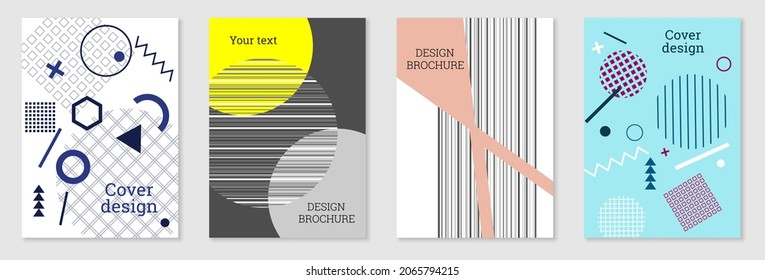 Diseño de portada al estilo Memphis. Diseño geométrico, fondo abstracto. Portada moderna y brillante, pancarta, afiche, folleto. Colores creativos.