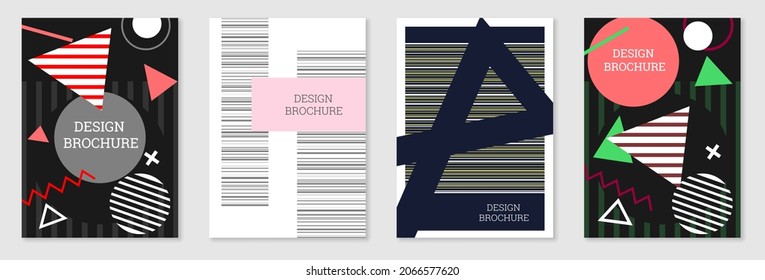 Set of cover design in Memphis style. Geometric design, abstract background. Fashionable bright cover, banner, poster, booklet. Creative colors.