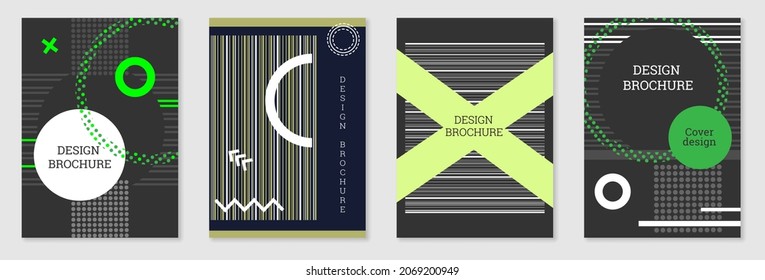 Set of cover design in Memphis style. Geometric design, abstract background. Fashionable bright cover, banner, poster, booklet. Creative colors.