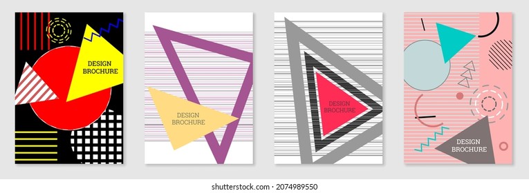 Set of cover design in Memphis style. Geometric design, abstract background. Fashionable bright cover, banner, poster, booklet. Creative colors.