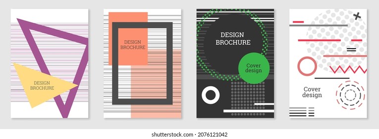 Cover-Design im Memphis-Stil. Geometrisches Design, abstrakter Hintergrund. Modisch helles Cover, Banner, Poster, Broschüre. Kreative Farben.