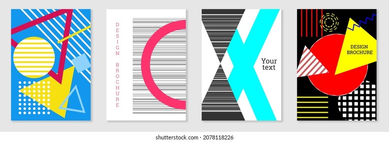 Set of cover design in Memphis style. Geometric design, abstract background. Fashionable bright cover, banner, poster, booklet. Creative colors.